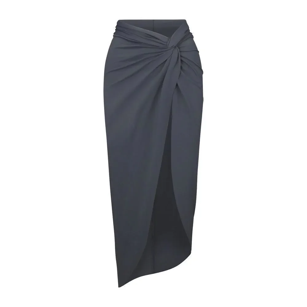 SKIMS Swim Gunmetal Gray Twist Front Slit Midi Swim Sarong Skirt Beach Cover Up